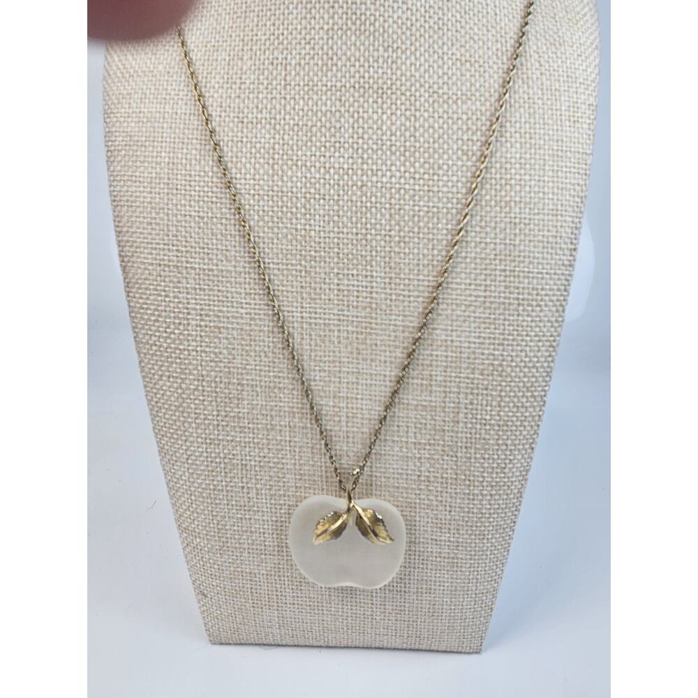 Vintage Goldtone AVON White Frosted‎ Glass Apple Pendant Long 28" Necklace